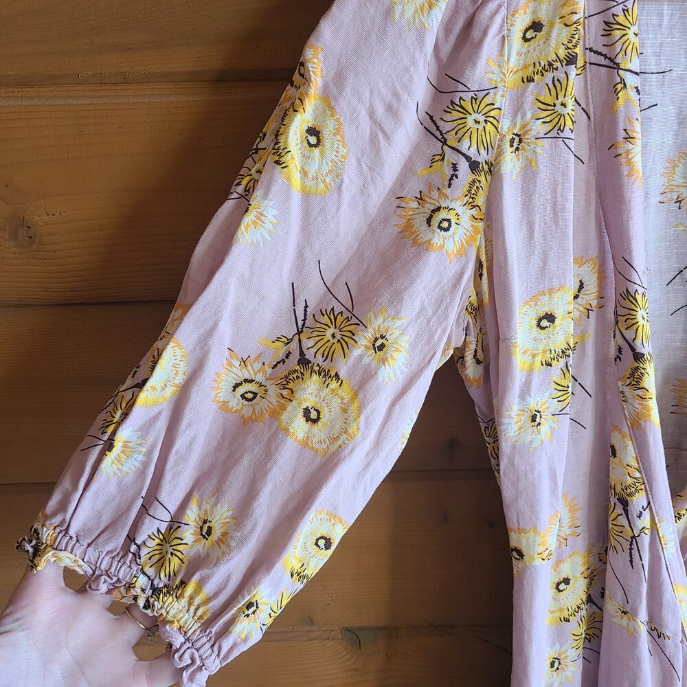 Madewell Linen Dress Pink Dutch Danelions Pink Floral Wrap Dress XS Boho Cottage - Picture 4 of 6